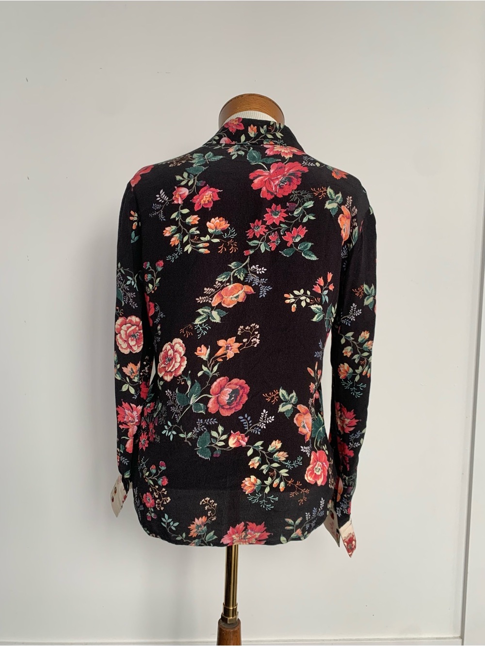 Maje Black Floral Patchwork Button-Down Blouse with Cream Panels - Picture 5 of 7
